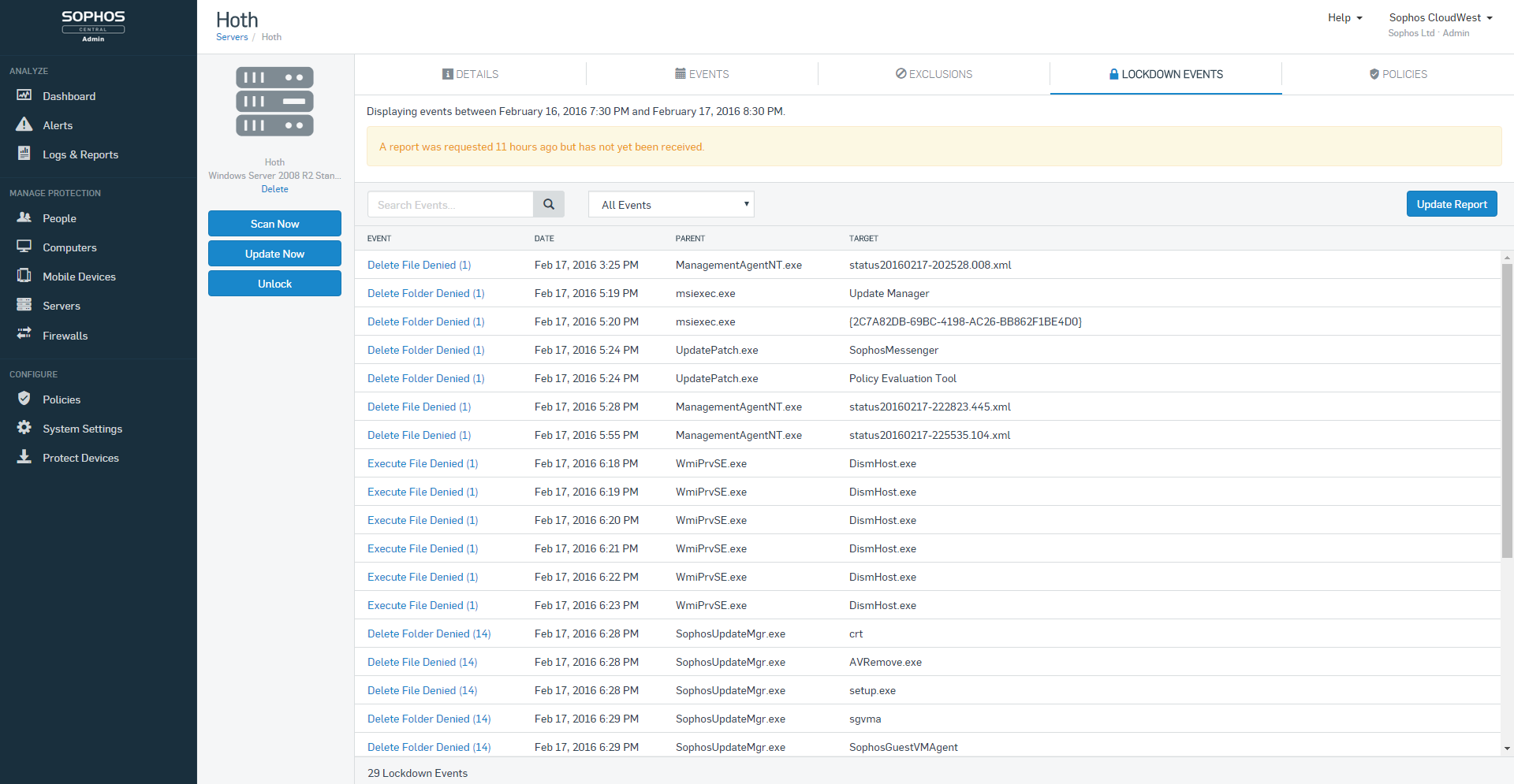 Sophos Server Lockdown screen